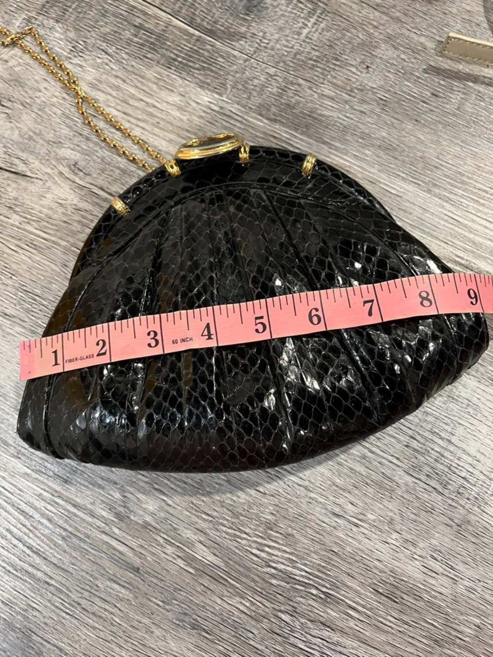 Vintage Black Snakeskin Clutch | Gold Chain Strap | 1980s Glam - Picture 11 of 13